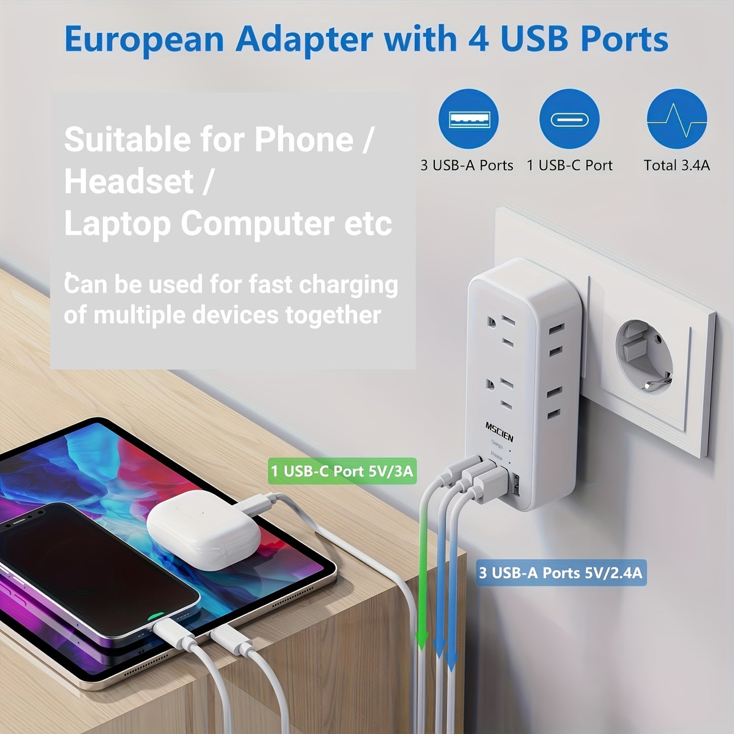 Multi-Port EU Adapter Adaptador Europa 4-Puertos