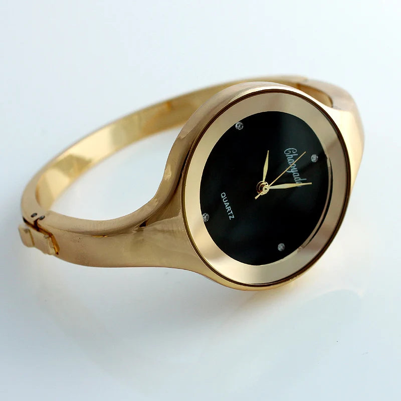 Women Gold Cuff Bracelet Watch, Reloj Pulsera Brazalete Oro Mujeres
