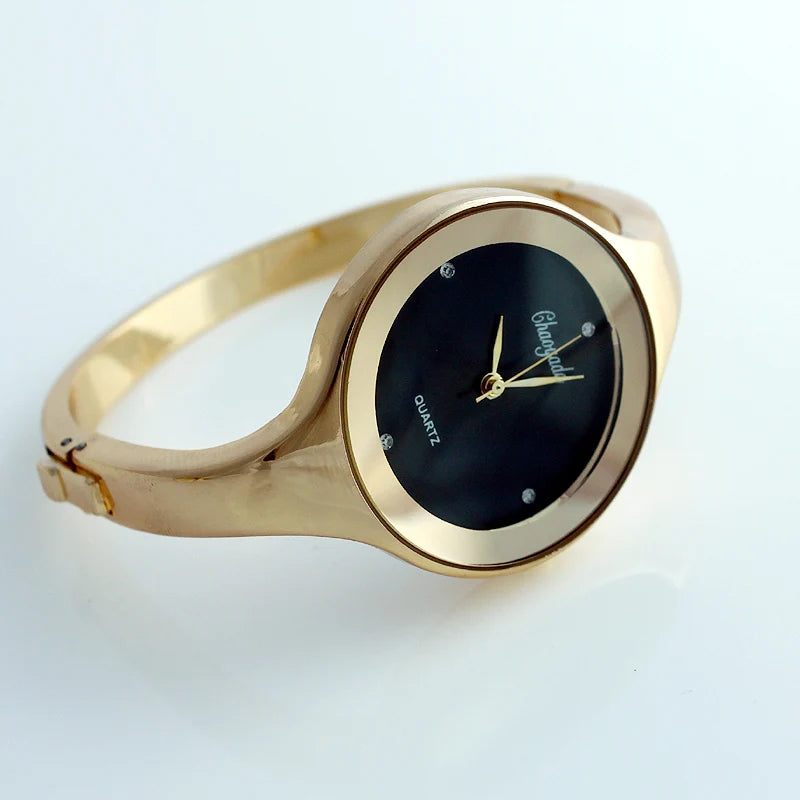 Women Gold Cuff Bracelet Watch, Reloj Pulsera Brazalete Oro Mujeres