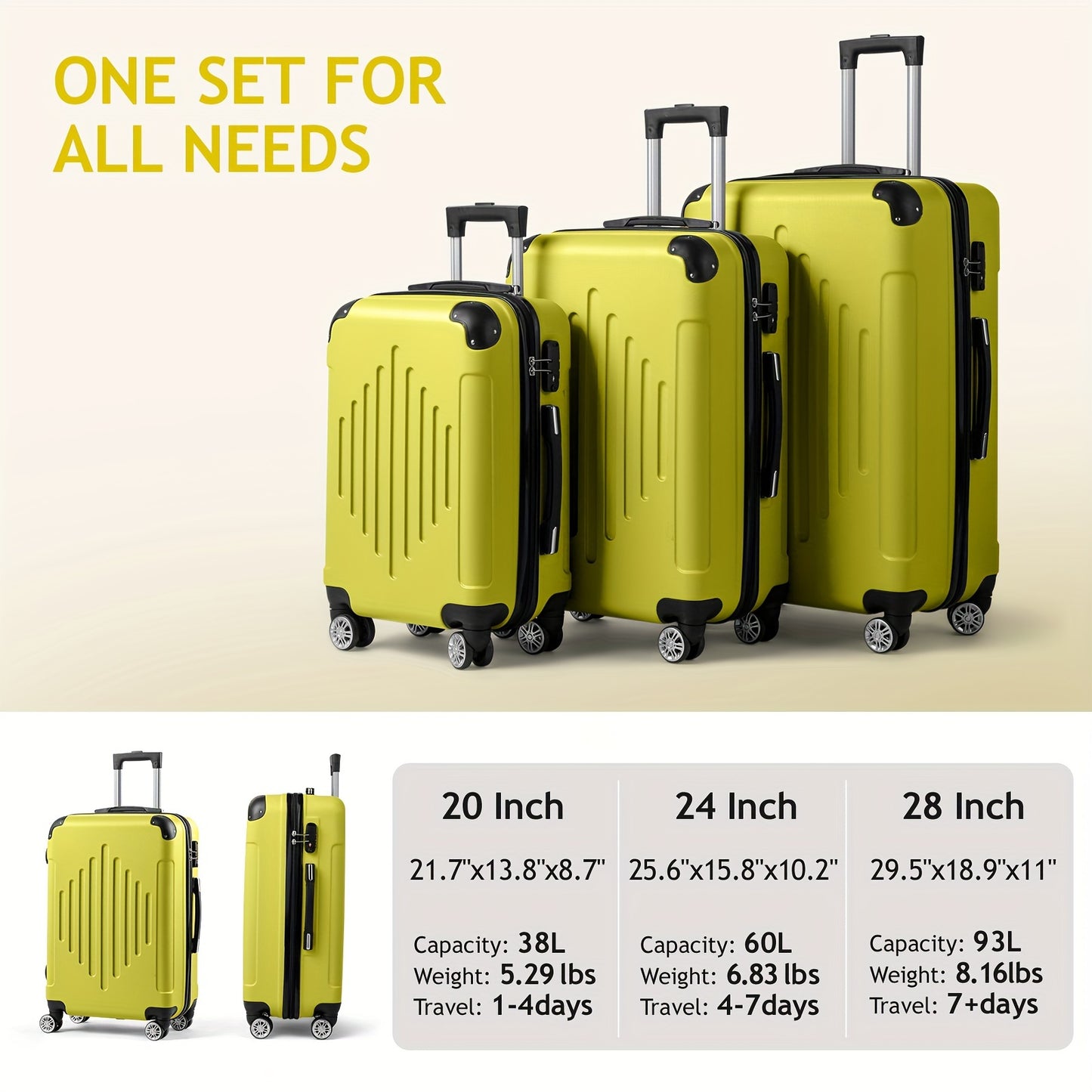 Butter Yellow Lightweight Suitcase Set, Juego Maletas Ligeras Amarillo Mantequilla