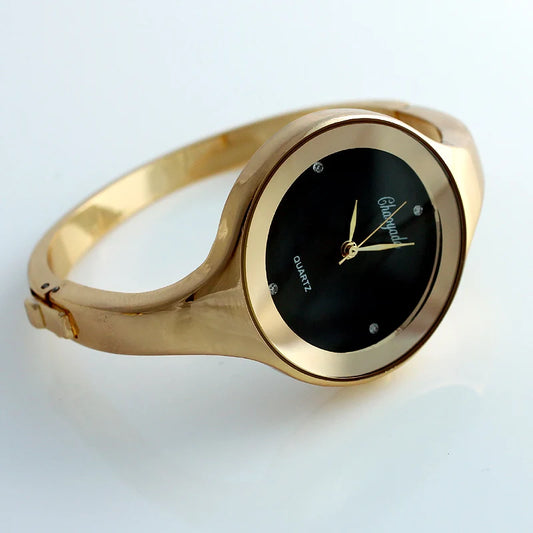 Women Gold Cuff Bracelet Watch, Reloj Pulsera Brazalete Oro Mujeres