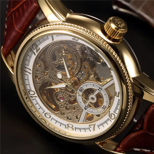Luxury Golden Skeleton Mechanical Watch, Reloj Mecánico Esqueleto Dorado Lujo