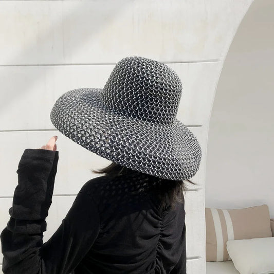 Elegant Black White Straw Hat Sombrero