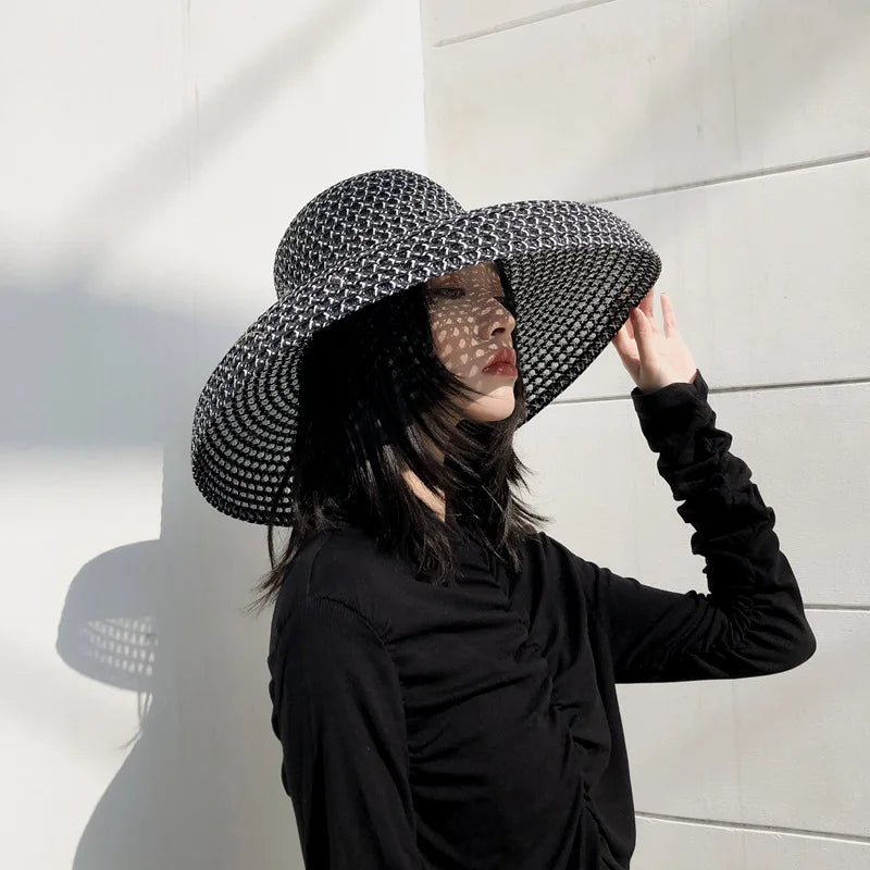 Elegant Black White Straw Hat Sombrero