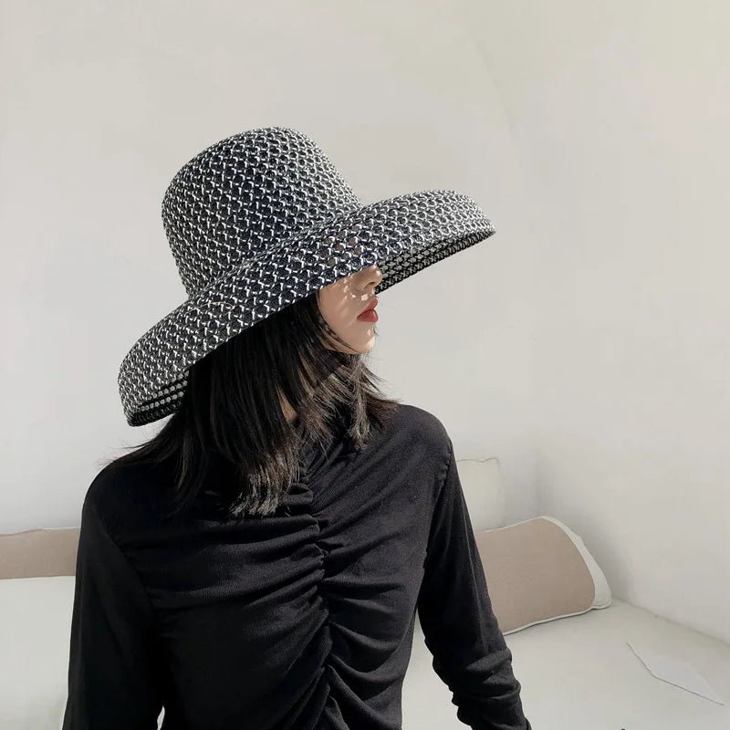 Elegant Black White Straw Hat Sombrero
