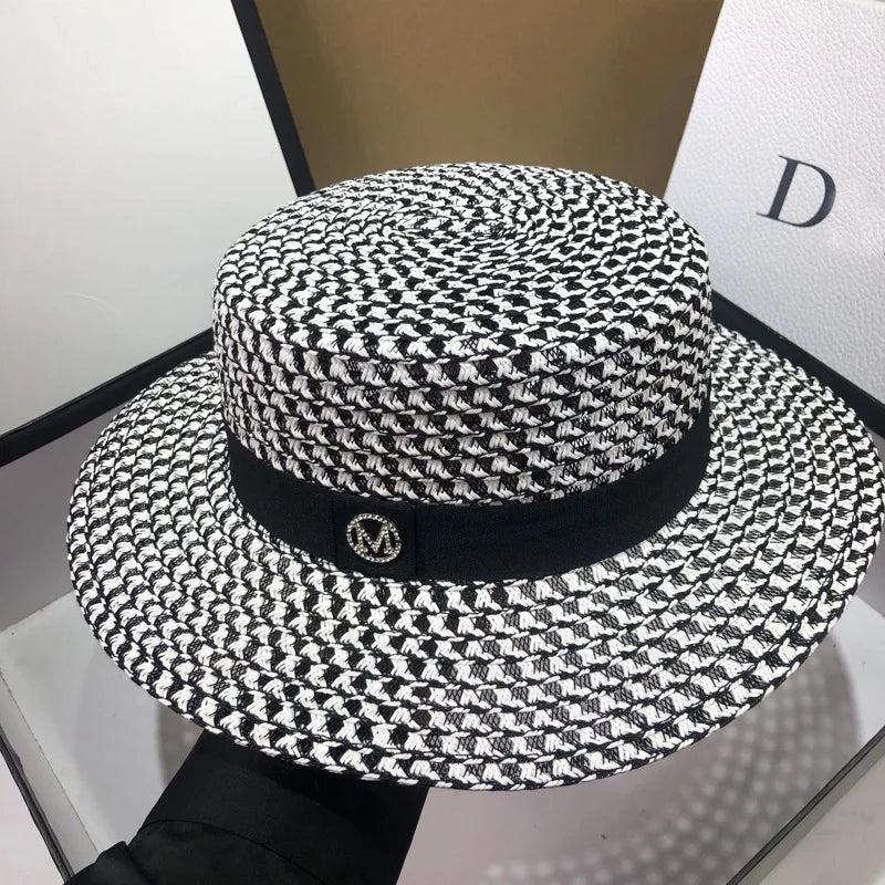 Elegant Black White Straw Hat Sombrero