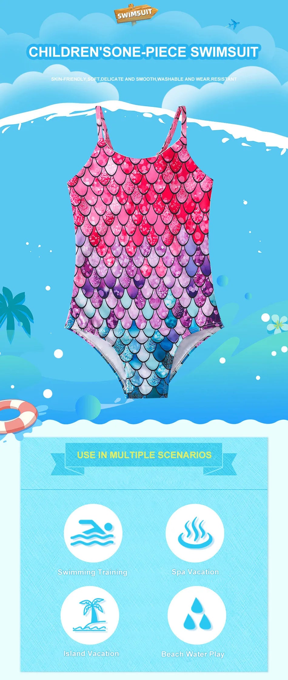 Adorable Girls Mermaid One-Piece Swimsuit